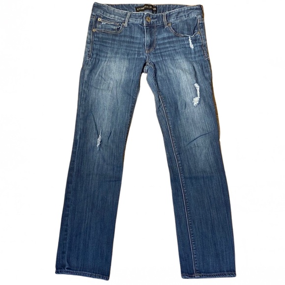 Express Denim - Express Skinny Stella Low Rise distressed jeans in medium wash size 6S